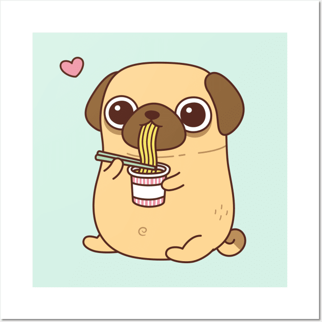 Cute Pug Enjoying Instant Ramen Noodles Wall Art by rustydoodle